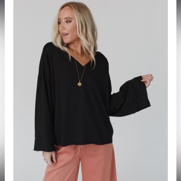 Three Bird Nest Love It V Neckline Open Back Bell Sleeve Top - Small, Black - Picture 3 of 13